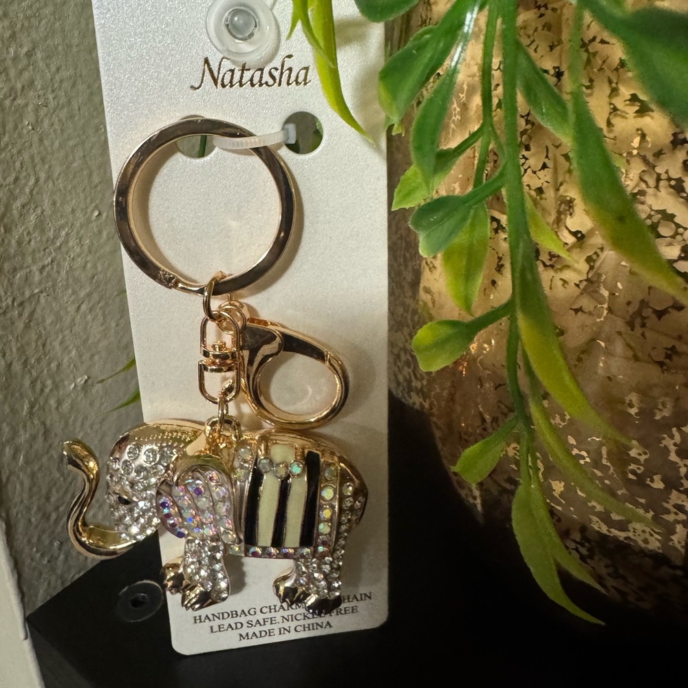 Natasha Couture Gold Elephant Keychain with Clear and Opal Rhinestones